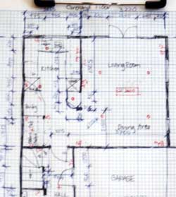 Site survey - Sketch with ceiling heights in red pen, light fitting positions, power outlets, light switches etc. 